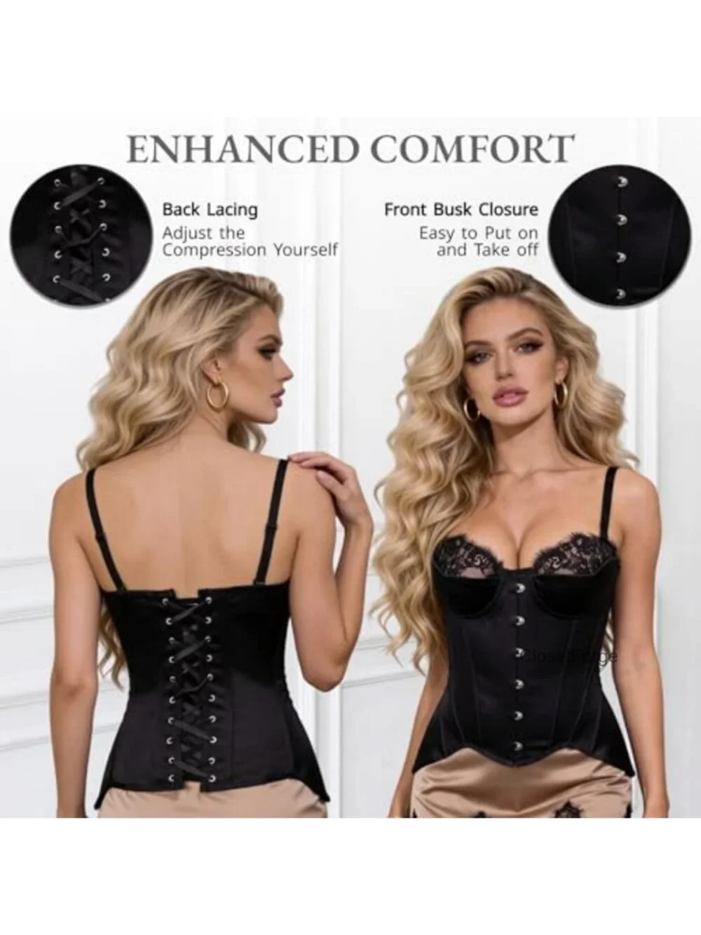 18-Boned Satin Corset Bustier with Lace Up Back